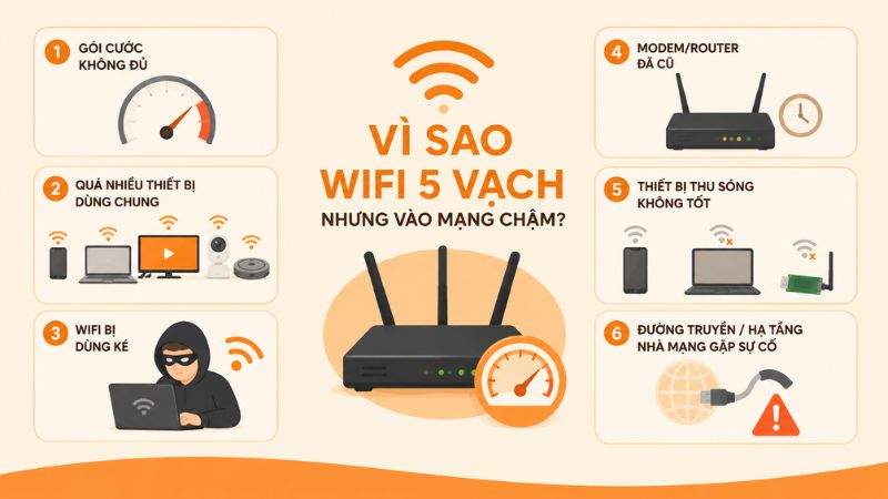 WiFi 5 vạch nhưng mạng vẫn chậm? Nguyên nhân có thể do đường truyền, thiết bị hoặc gói cước