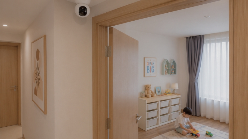 Camera tại cửa phòng hỗ trợ theo dõi người ra vào khu vực của bé