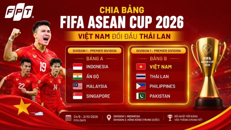 Chia bảng FIFA ASEAN Cup 2026: Việt Nam đối đầu Th&aacute;i Lan
