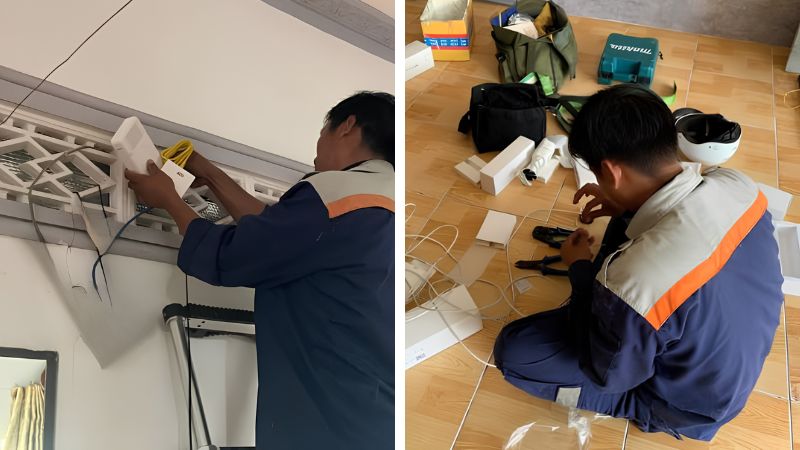 Kỹ thuật viên kiểm tra và đấu nối thiết bị để đảm bảo tín hiệu ổn định ngay từ lần lắp đặt đầu tiên