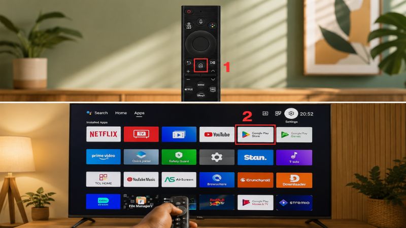 Nhấn nút Home trên remote, sau đó chọn Google Play Store hoặc kho ứng dụng trên TV.