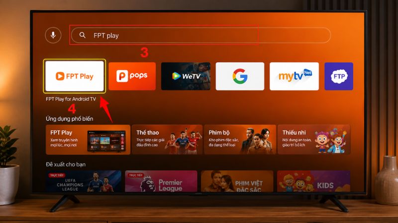 Chọn biểu tượng tìm kiếm và nhập từ khóa FPT Play.