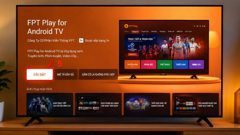 Kiểm tra đúng ứng dụng FPT Play trong kết quả tìm kiếm, sau đó chọn Cài đặt (Install).