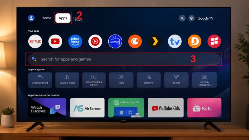 Nhấn nút Home trên remote, sau đó chọn Apps