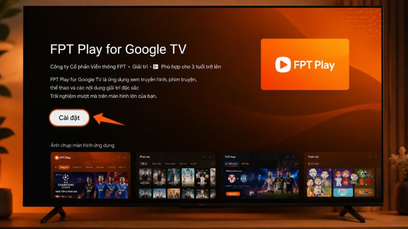 Chọn FPT Play trong kết quả tìm kiếm và nhấn Install.