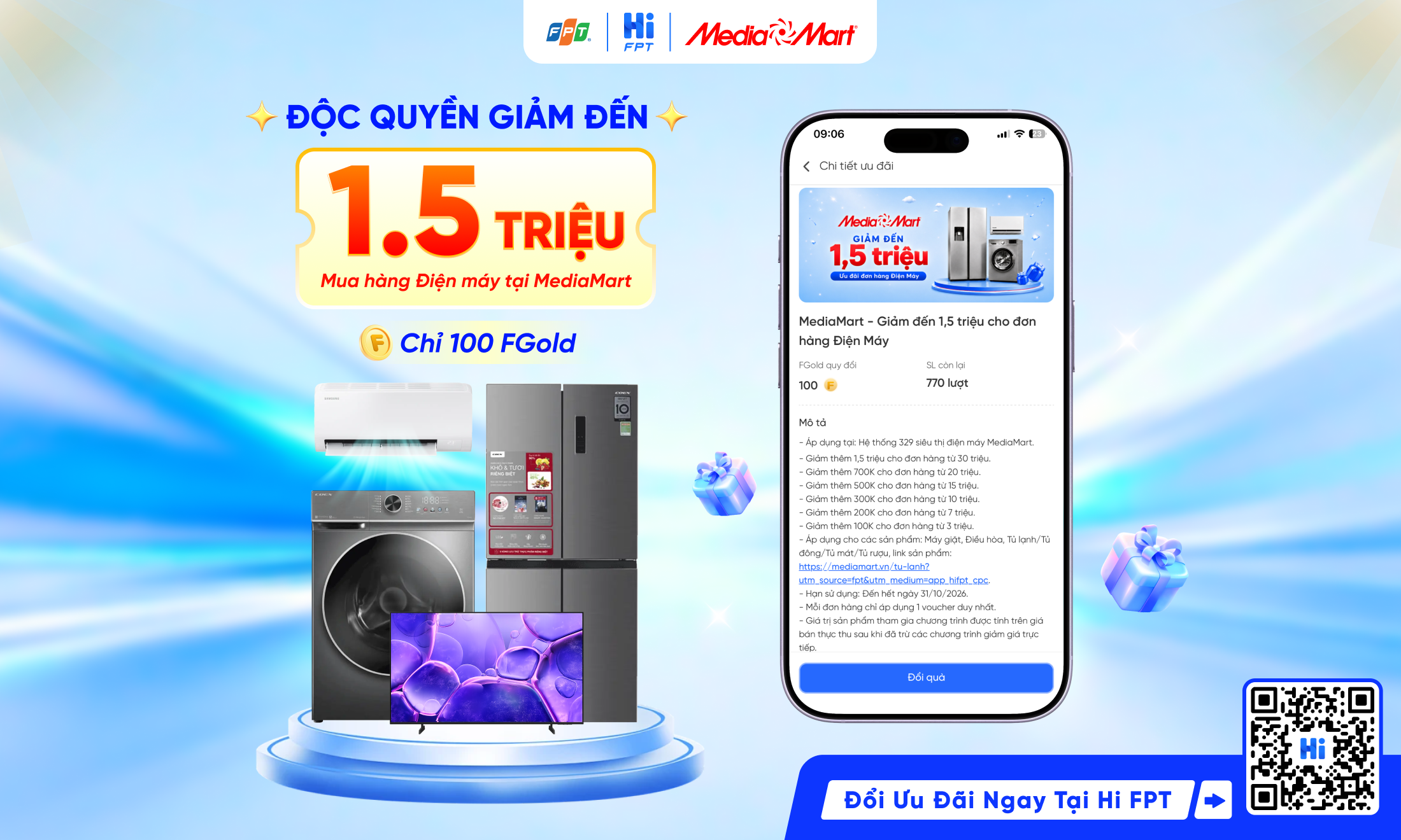 Giảm th&ecirc;m đến 1,5 triệu tại MediaMart với chỉ 100 FGold