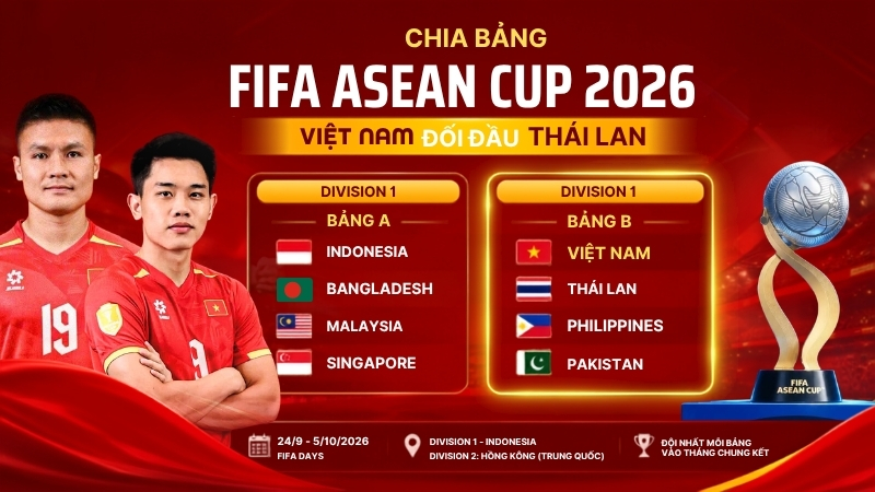 Chia bảng FIFA ASEAN Cup 2026: Việt Nam đối đầu Th&aacute;i Lan