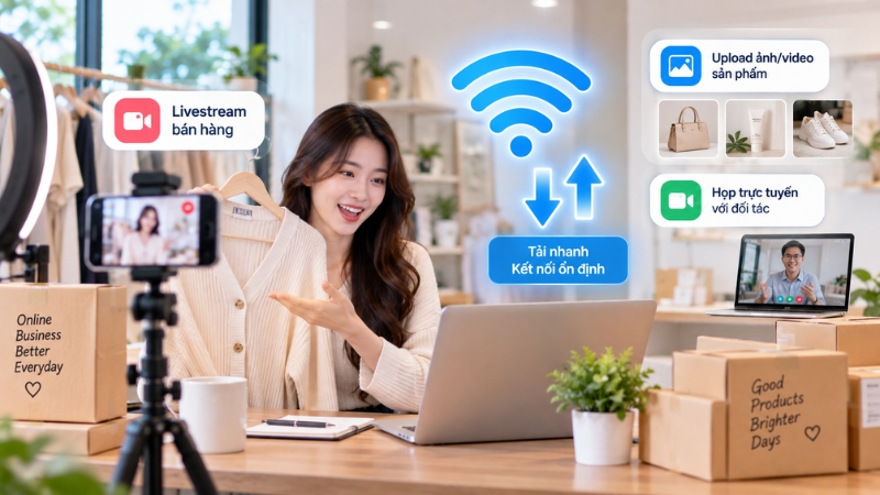 Đường truyền ổn định, tốc độ upload cao giúp đăng ảnh/video sản phẩm và họp trực tuyến mượt mà