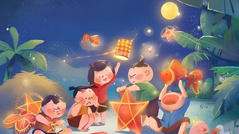 Hình nền Trung thu 4K với ánh trăng rằm và đèn lồng rực rỡ