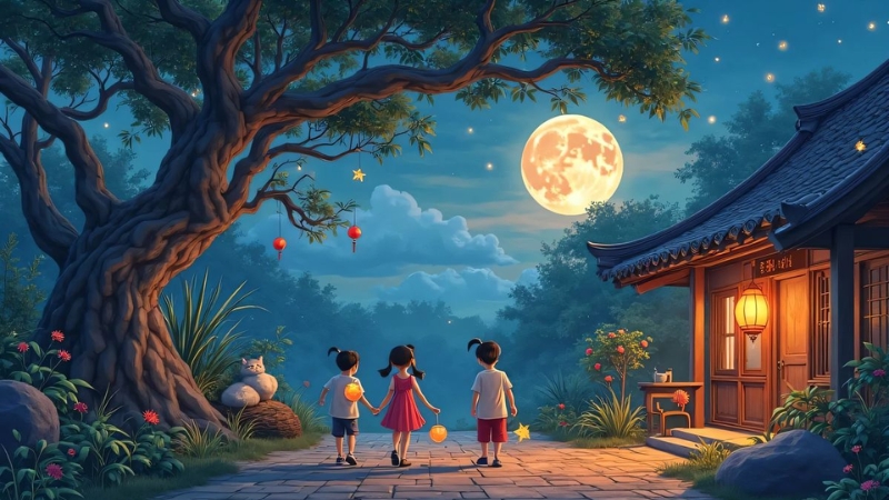 Hình ảnh chibi trẻ em dưới ánh trăng rằm