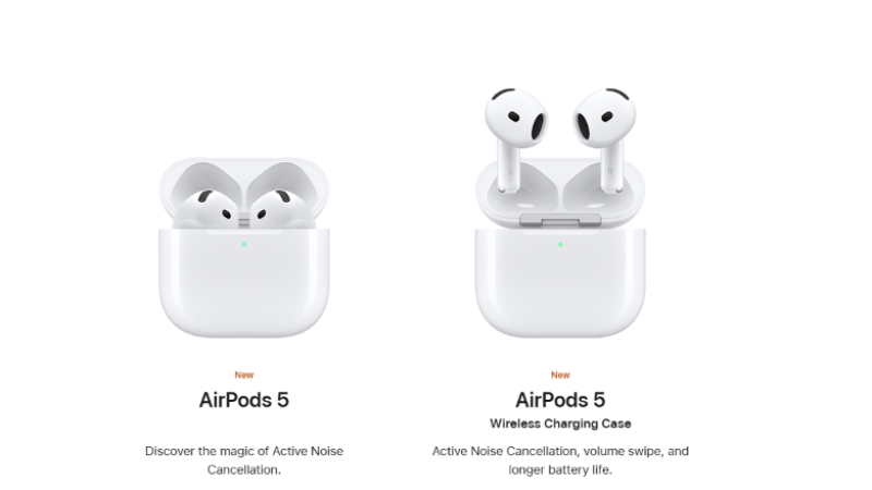 Hai phiên bản AirPods 5 với hộp sạc USB-C và Hộp Sạc Không Dây