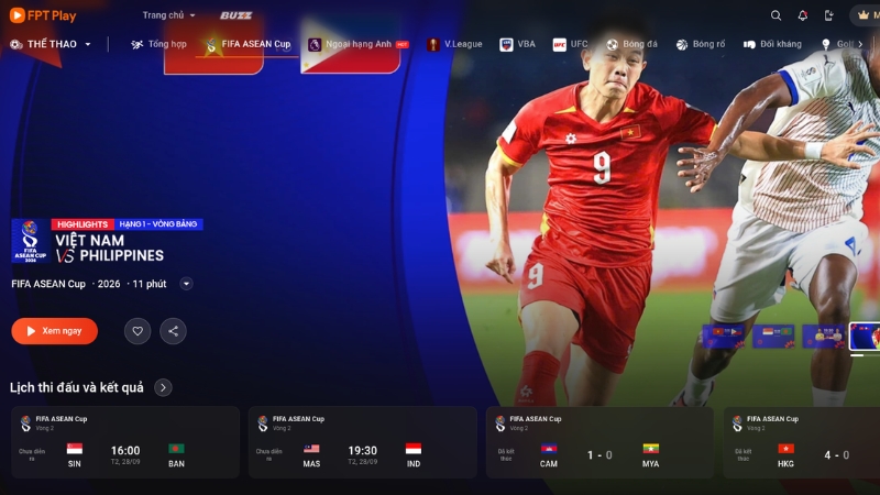 Xem trực tiếp FIFA ASEAN Cup 2026 qua FPT Play trên máy tính