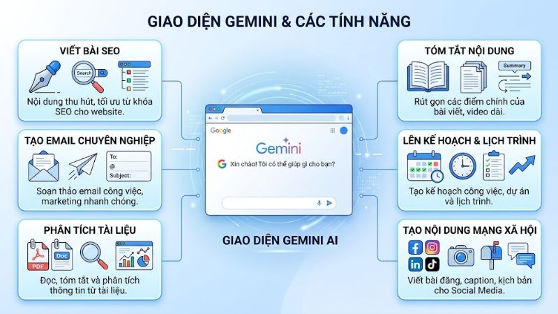 Gemini Skills có thể áp dụng cho viết nội dung, SEO, học tập, công việc văn phòng và phân tích tài liệu