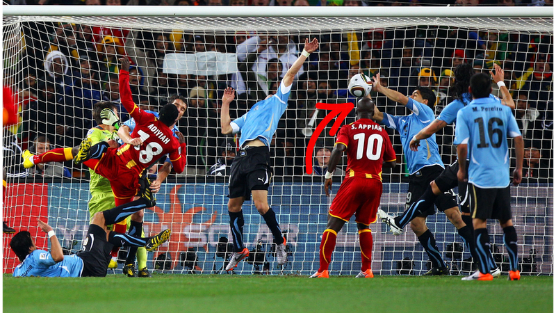 Suarez dùng tay chơi bóng trong vòng cấm dẫn đến penalty
