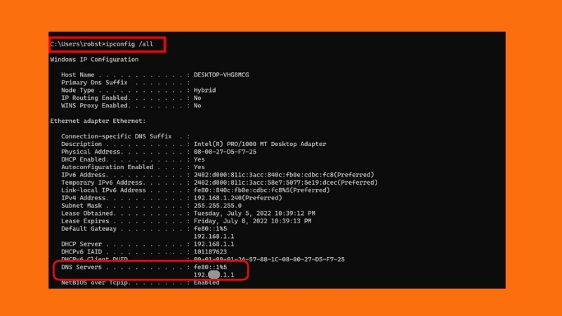 Nhập lệnh và xem dòng DNS Server để kiểm tra