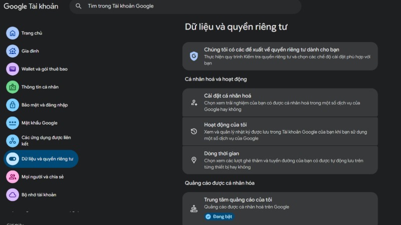 Vào mục Dữ liệu và quyền riêng tư