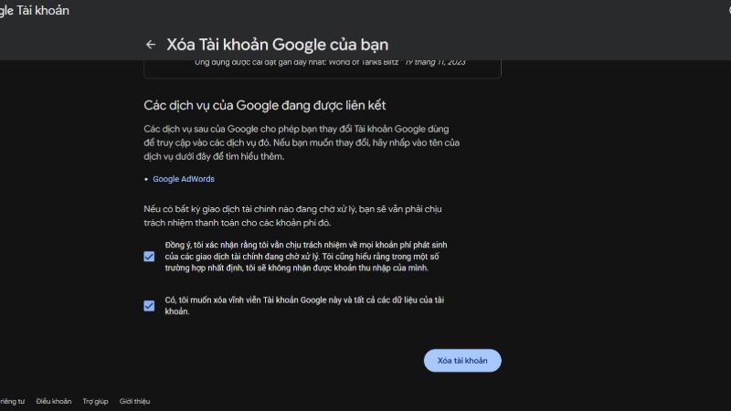 Xóa tài khoản để hoàn tất