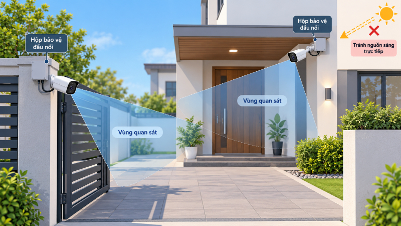 Góc lắp hợp lý giúp camera bao quát lối ra vào mà vẫn giữ các đầu nối được bảo vệ