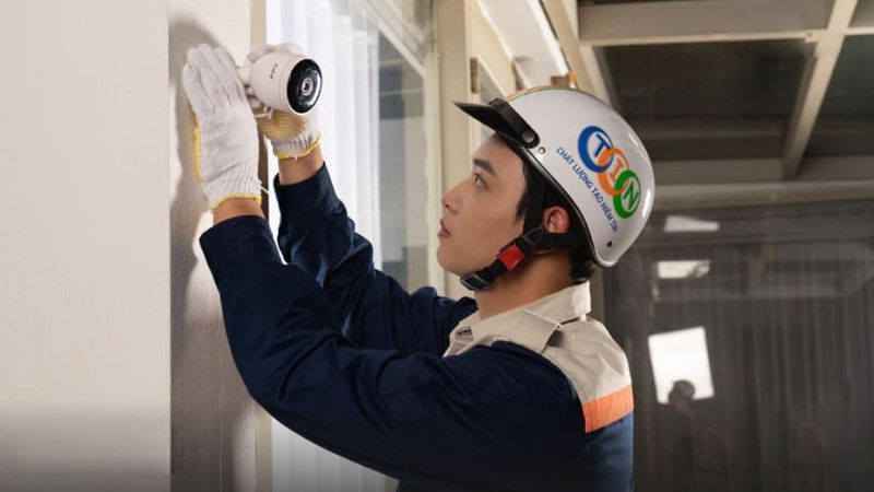 Kỹ thuật viên hỗ trợ lắp đặt Camera cho khách hàng có nhu cầu