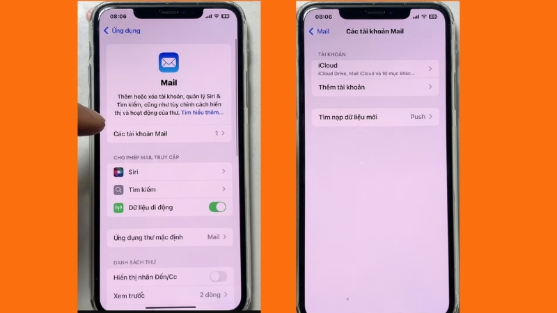 Chọn Mail sau đó vào Tài khoản