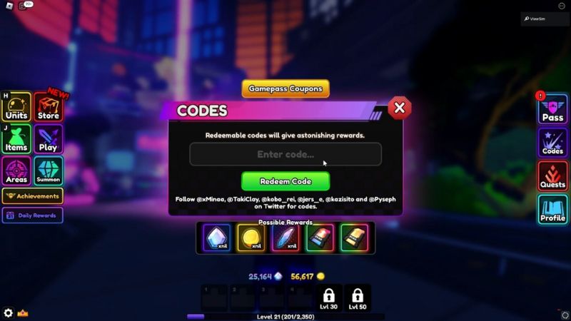 Hướng dẫn nhập code Anime Vanguards