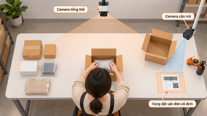 Camera tổng và camera cận có thể bổ sung cho nhau khi bàn đóng hàng có nhiều thao tác