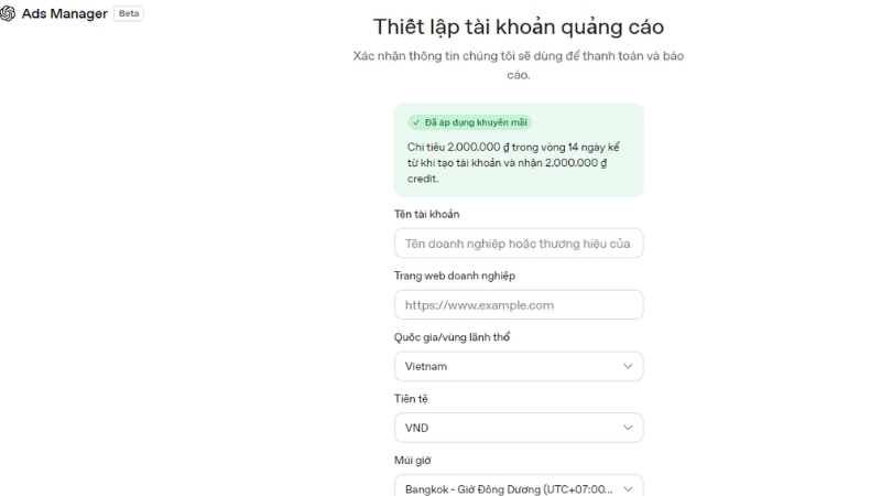 Điền các thông tin theo yêu cầu của OpenAI