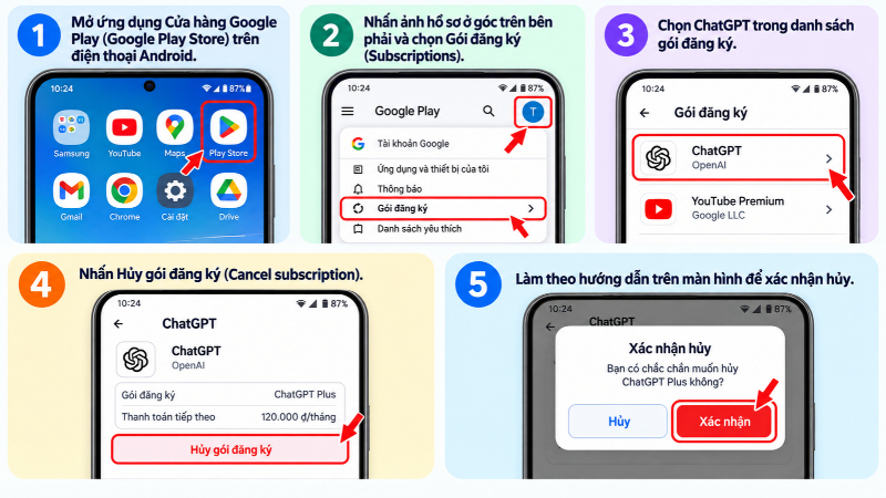 Các bước hủy ChatGPT Plus trên Android (Google Play)