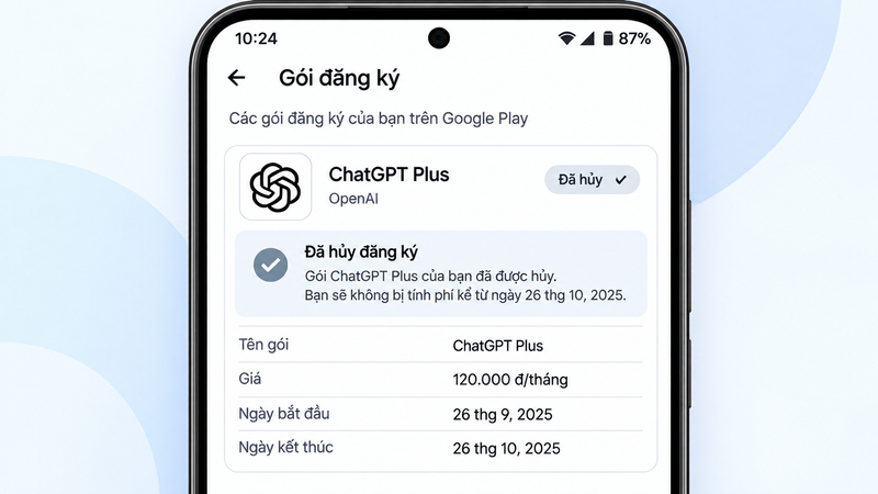 Trạng thái gói ngay khi huỷ ChatGPT Plus thành công trên Google Play