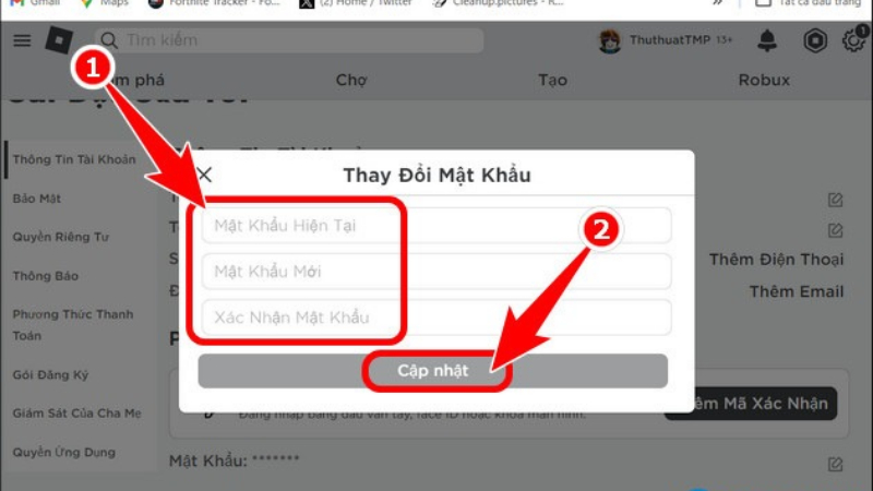 Giao diện thay đổi mật khẩu Roblox trên web, trên máy tính