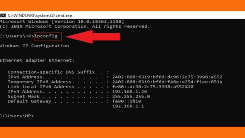 Nhập “ipconfig” và xem địa chỉ IP ngay trên cửa sổ