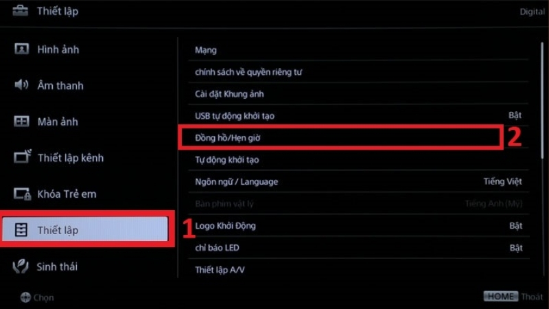 Chọn Đồng hồ/Hẹn giờ trong mục Thiết lập