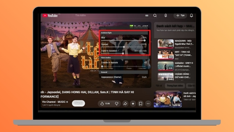 Tùy chỉnh độ mờ và phạm vi ánh sáng để tạo hiệu ứng phù hợp khi xem YouTube