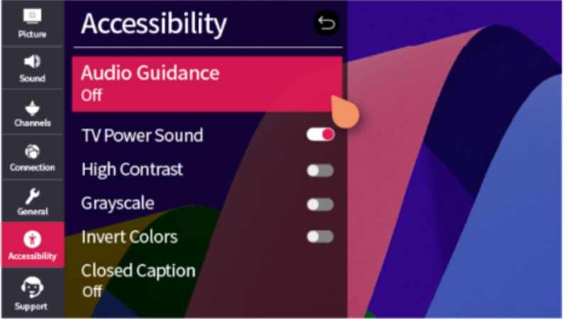 Truy cập Accessibility để tìm tùy chọn Audio Guidance trên tivi LG