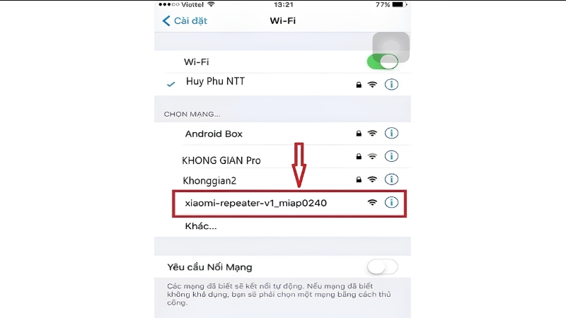 Vào cài đặt Wifi trên điện thoại và kết nối với mạng Wifi cần khuếch đại