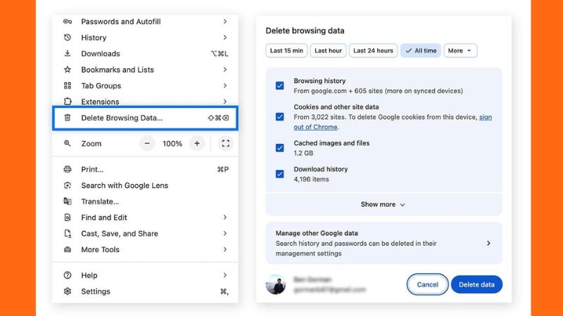 Cách xóa cache và cookie trên Chrome bằng chức năng Clear browsing data