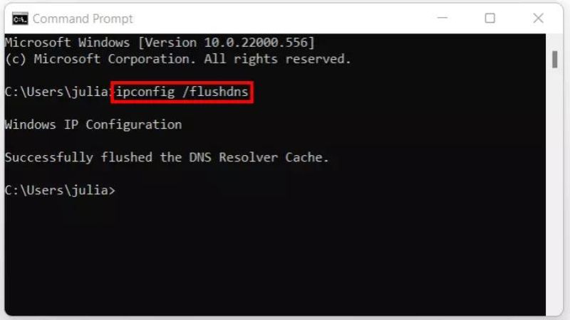 Nhập lệnh ipconfig flushdns trong Command Prompt để xóa bộ nhớ đệm DNS trên Windows
