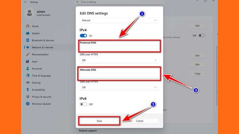 Giao diện cài đặt DNS thủ công trên Windows 11