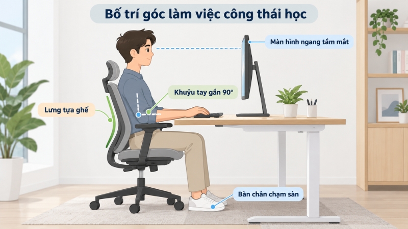 Bố trí bàn ghế và màn hình hợp lý giúp duy trì tư thế thoải mái khi làm việc