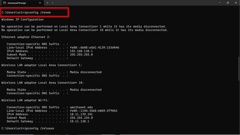 Làm mới địa chỉ IP bằng Command Prompt khi thiết bị sử dụng kết nối DHCP