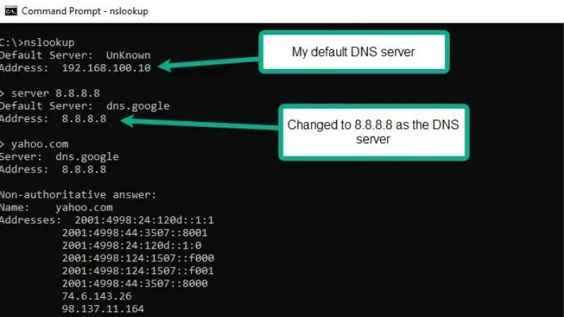 Lệnh nslookup kiểm tra kết quả phân giải tên miền từ máy chủ DNS được chỉ định