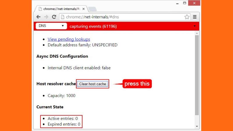 Giao diện quản lý DNS của Chrome và nút Clear host cache