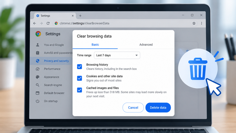 Người dùng có thể chọn dữ liệu cần xóa trong Chrome để kiểm tra lỗi tải trang