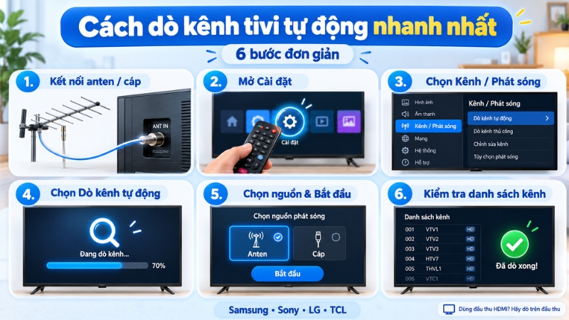 Nếu sử dụng đầu thu truyền hình kết nối qua HDMI, bạn cần dò kênh trên đầu thu