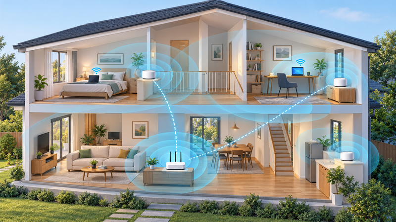 Mesh WiFi giúp mở rộng vùng phủ sóng để laptop kết nối ổn định hơn ở nhiều vị trí trong nhà