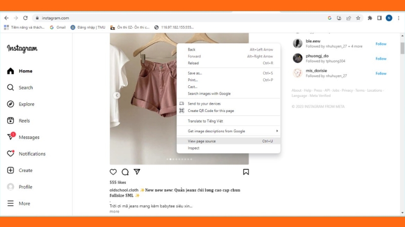 Giao diện Instagram trên máy tính đang mở công cụ Inspect (F12) để tìm ảnh cần tải