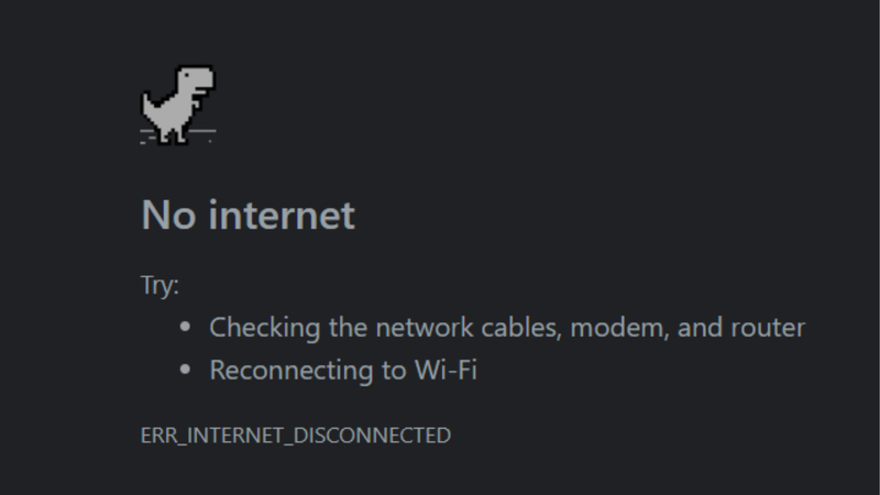 Lỗi ERR_INTERNET_DISCONNECTED khiến Chrome không thể tải trang web do mất kết nối Internet