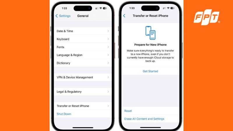 Giao diện Chuyển hoặc đặt lại iPhone