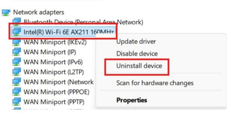 Update hoặc Uninstall driver card Wi-Fi