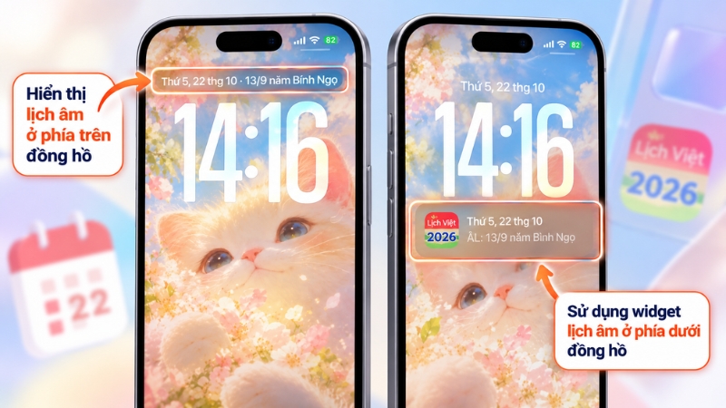 Bạn có thể bố trí lịch âm phía trên hoặc dưới đồng hồ tùy theo loại tiện ích hỗ trợ